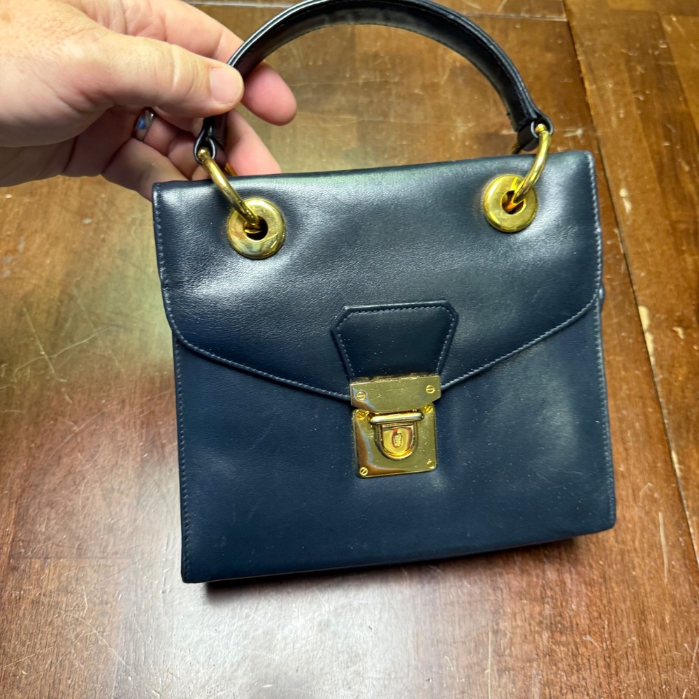 Susan Gail Handbag Women Navy Blue Vintage Leather Structured Gold Hardware